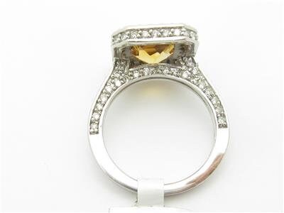 LIV 14k White Gold & Diamonds Emerald Cut Golden Citrine Halo Pave Design Band Ring