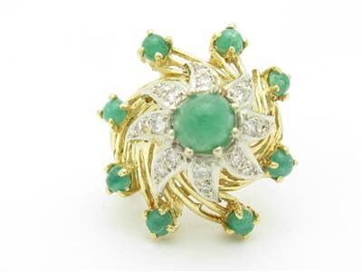 LIV 18k Yellow Gold & Diamonds Emerald Cabochon Cocktail Vintage Design Dome Ring Gift
