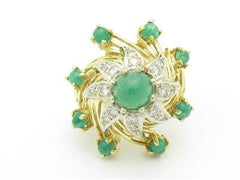 LIV 18k Yellow Gold & Diamonds Emerald Cabochon Cocktail Vintage Design Dome Ring Gift