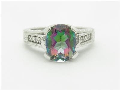 LIV 14k White Gold & Diamonds Oval Mystic Topaz Vintage Design Pave Ring Bridal Gift