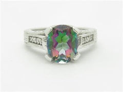 LIV 14k White Gold & Diamonds Oval Mystic Topaz Vintage Design Pave Ring Bridal Gift