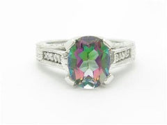 LIV 14k White Gold & Diamonds Oval Mystic Topaz Vintage Design Pave Ring Bridal Gift