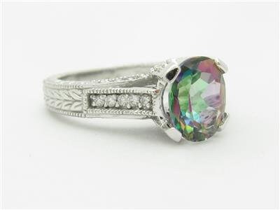 LIV 14k White Gold & Diamonds Oval Mystic Topaz Vintage Design Pave Ring Bridal Gift