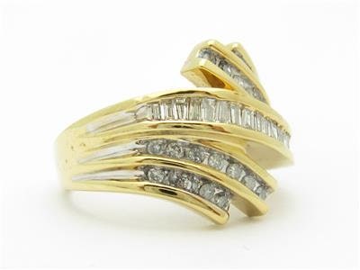 LIV 10k Yellow Gold & Diamonds Baguette Channel Set Wide Band Abstract Design Ring