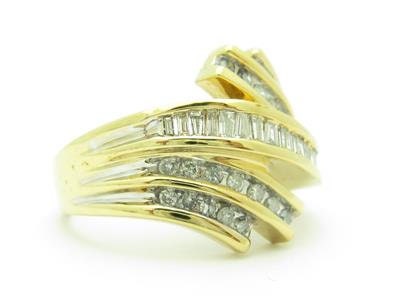 LIV 10k Yellow Gold & Diamonds Baguette Channel Set Wide Band Abstract Design Ring