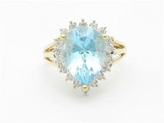 LIV 14k Yellow Gold & Diamond Blue Topaz Pear Shape Halo Design Large Stone Ring