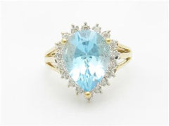 LIV 14k Yellow Gold & Diamond Blue Topaz Pear Shape Halo Design Large Stone Ring