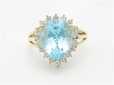 LIV 14k Yellow Gold & Diamond Blue Topaz Pear Shape Halo Design Large Stone Ring