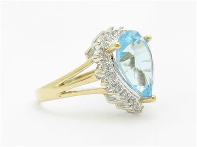 LIV 14k Yellow Gold & Diamond Blue Topaz Pear Shape Halo Design Large Stone Ring