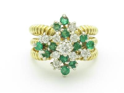 LIV 14k Yellow & White Gold Diamond Green Emerald Vintage Design Band Ring Gift