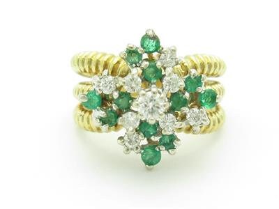 LIV 14k Yellow & White Gold Diamond Green Emerald Vintage Design Band Ring Gift