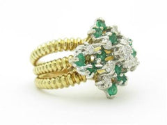 LIV 14k Yellow & White Gold Diamond Green Emerald Vintage Design Band Ring Gift