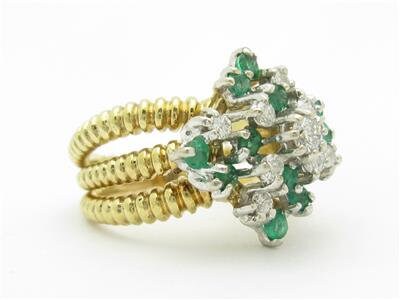 LIV 14k Yellow & White Gold Diamond Green Emerald Vintage Design Band Ring Gift