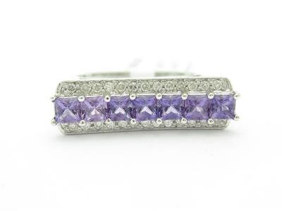 LIV 14k White Gold & Diamond Purple Amethyst Princess Cut Modern Design Band Ring