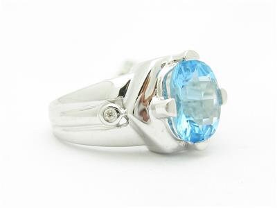 LIV 14k White Gold & Diamond Blue Topaz Cushion Cut Design Wide Band Ring