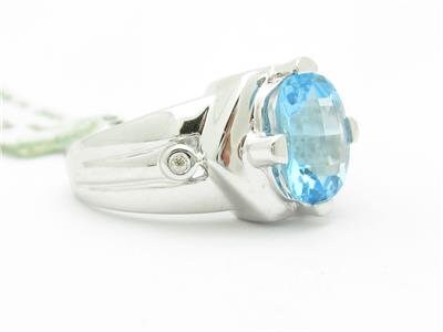 LIV 14k White Gold & Diamond Blue Topaz Cushion Cut Design Wide Band Ring