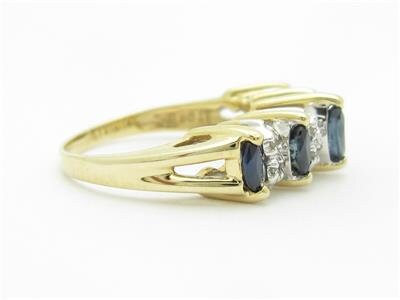 LIV 14k Solid Yellow Gold Genuine Blue Sapphire & Diamond Marquee Design Band Ring