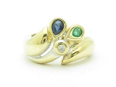 LIV 14k Solid Yellow Gold Genuine Blue Sapphire Emerald Diamond Abstract Design Ring