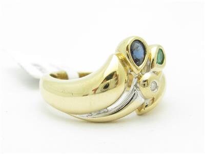 LIV 14k Solid Yellow Gold Genuine Blue Sapphire Emerald Diamond Abstract Design Ring