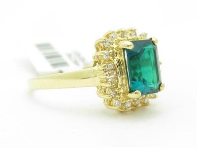 LIV 14k Solid Yellow Gold Simulated Green Emerald & Diamond Vintage Design Halo Ring
