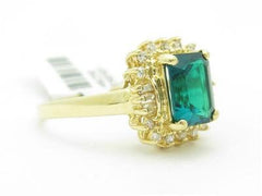 LIV 14k Solid Yellow Gold Simulated Green Emerald & Diamond Vintage Design Halo Ring