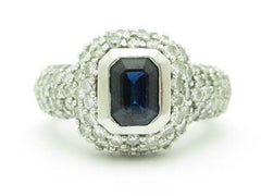 LIV 14kt White Gold Genuine White Diamond Blue Sapphire Emerald Cut Halo Ring Gift