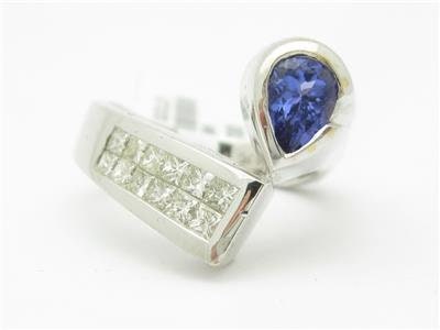 LIV 18kt White Gold Genuine White Diamond Tanzanite Princess Cut Abstract Ring Gift