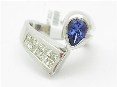 LIV 18kt White Gold Genuine White Diamond Tanzanite Princess Cut Abstract Ring Gift