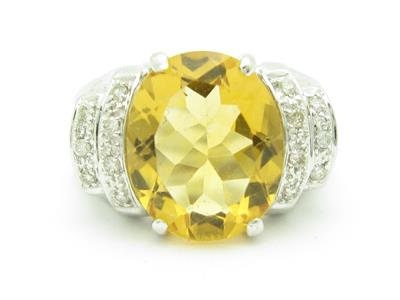 LIV 14kt White Gold Genuine White Diamond Golden Citrine Large Oval Stone Ring Gift