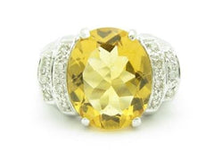 LIV 14kt White Gold Genuine White Diamond Golden Citrine Large Oval Stone Ring Gift