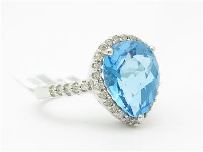 LIV 14kt White Gold Genuine Diamond & Blue Topaz Halo Design Pear Shape Ring Gift