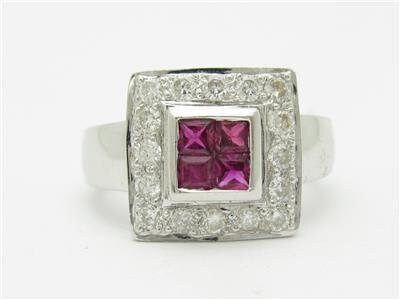 LIV 14kt White Gold Genuine Diamond & Red Ruby Halo Design Princess Cut Ring Gift