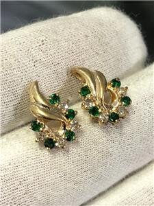 LIV 14k Yellow Gold Diamonds & Green Emeralds Swirl Design Stud Earrings 2.7 Grams