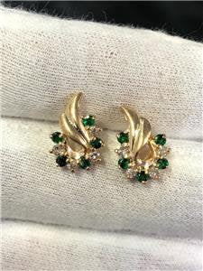 LIV 14k Yellow Gold Diamonds & Green Emeralds Swirl Design Stud Earrings 2.7 Grams