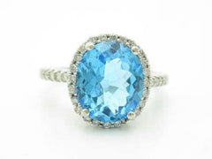 LIV 14KT White Gold Genuine White Diamond Pave Large Blue Topaz Oval Halo Ring Gift