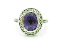 LIV 14KT White Gold Genuine White Diamond Pave Purple Amethyst Oval Halo Ring Gift