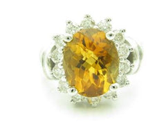 LIV 14KT White Gold Genuine White Diamond & Golden Citrine Oval Cocktail Ring Gift