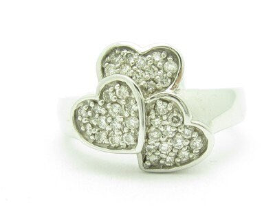 LIV 14KT Solid White Gold Genuine White DIamond Triple Heart Design Ring New