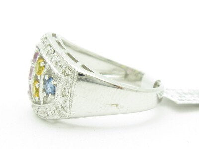 LIV 14KT Solid White Gold Genuine White Diamond & Multi Color Sapphire Abstract Ring Band Gift