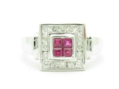 LIV 14KT Solid White Gold Genuine Diamond & Red Ruby Princess Cut Band Ring New Gift