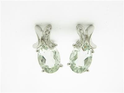 LIV 14kt White Gold Diamond & Green Amethyst Oval Design Stone Stud Diamond Earrings