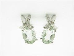 LIV 14kt White Gold Diamond & Green Amethyst Oval Design Stone Stud Diamond Earrings