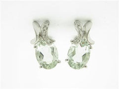 LIV 14kt White Gold Diamond & Green Amethyst Oval Design Stone Stud Diamond Earrings