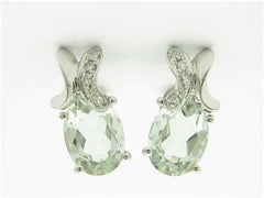 LIV 14kt White Gold Diamond & Green Amethyst Oval Design Stone Stud Diamond Earrings