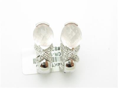 LIV 14kt White Gold Unique Rose Quartz & Diamond French Back Design Stud Earrings