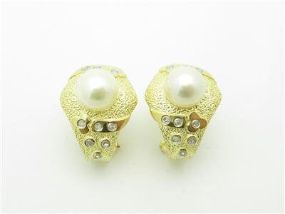 LIV 14kt Yellow Gold Diamond & Pearl Design French Back Diamond Stud Earrings Gift