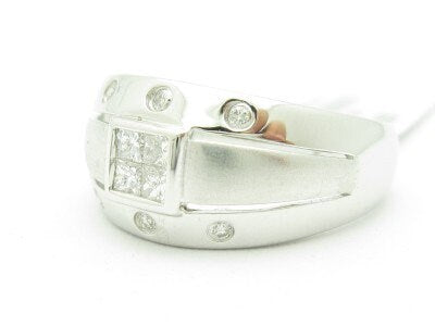 LIV Unique Solid 14K White Gold White Diamond Princess Cut Wide Band Ring