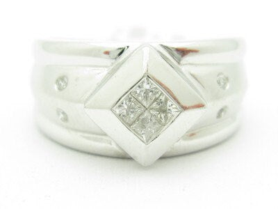 LIV Unique Solid 14k White Gold Genuine White Diamond Princess Cut Wide Band Ring
