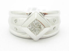 LIV Unique Solid 14k White Gold Genuine White Diamond Princess Cut Wide Band Ring