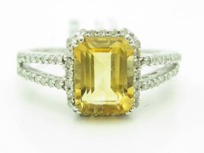 LIV 14KT White Gold White Diamond & Golden Citrine Emerald Cut Halo Ring New